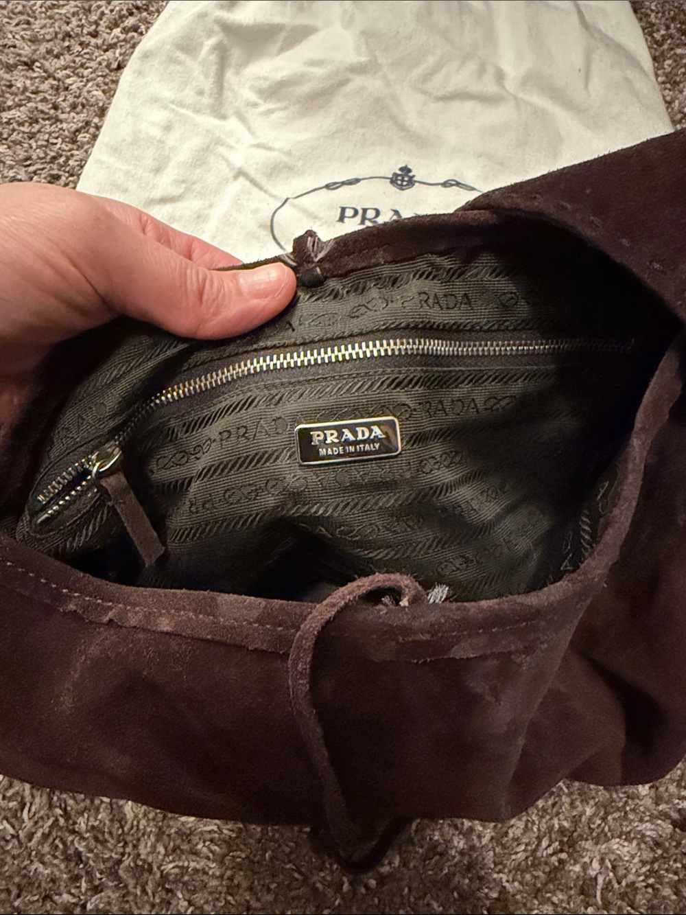 Prada Suede Shoulder Purse w/ Cream Drawstring Dust Bag with Navy Logo - Picture 2 of 4